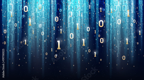 Dark blue background with binary code, sequins, light rays, digits in space