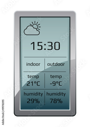 Home weather station widget. Weather station home equipment, indicated time, temperature in degrees centigrade and relative humidity in percents indoor, outdoor. Wireless climate monitoring equipment.