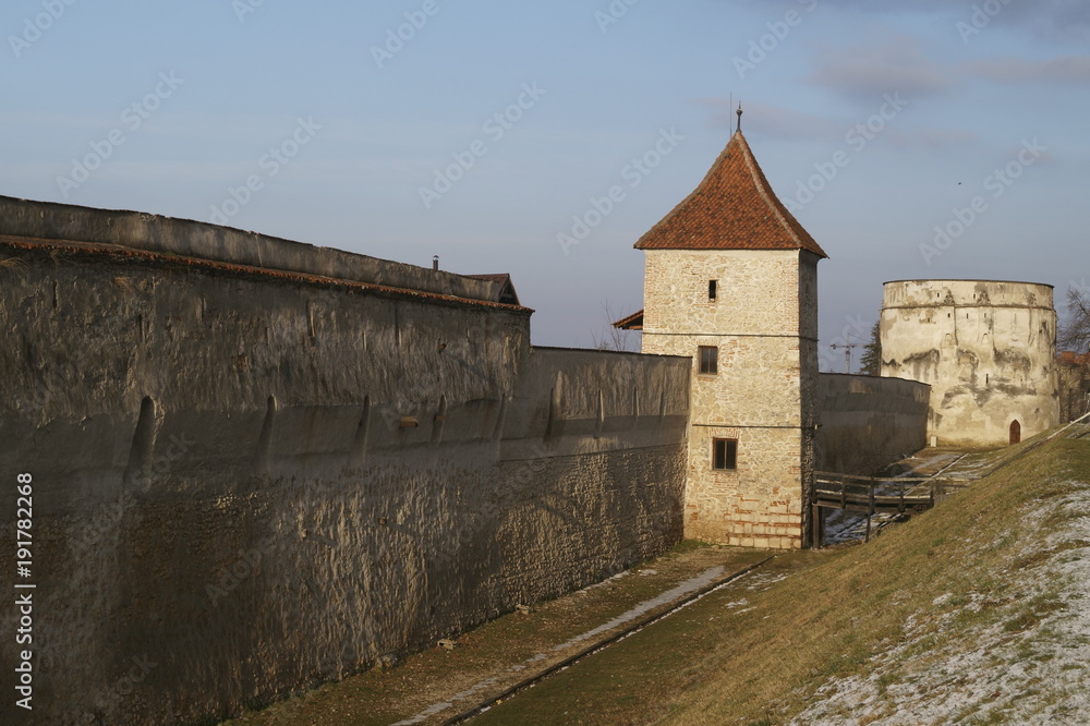 The Drapers Bastion (Bastionul Postavarilor) and a defenses tower, Brasov, Transylvania, Romania
