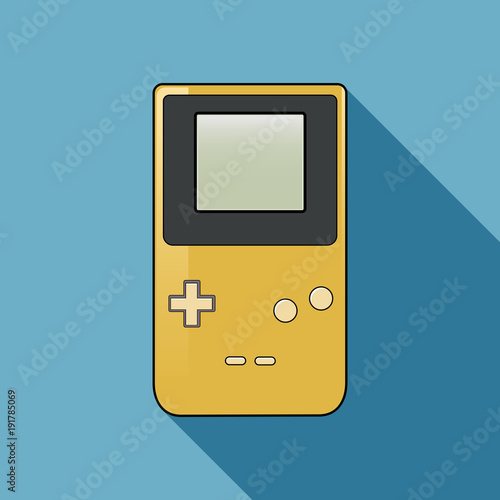 old-school, yellow handheld console illustration. On blue, casting a shadow