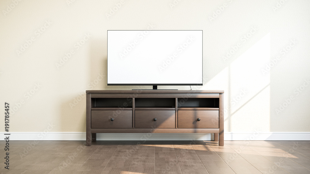 TV on stand in bright room. 3D illustration. TV on stand in bright room. 3D illustration.