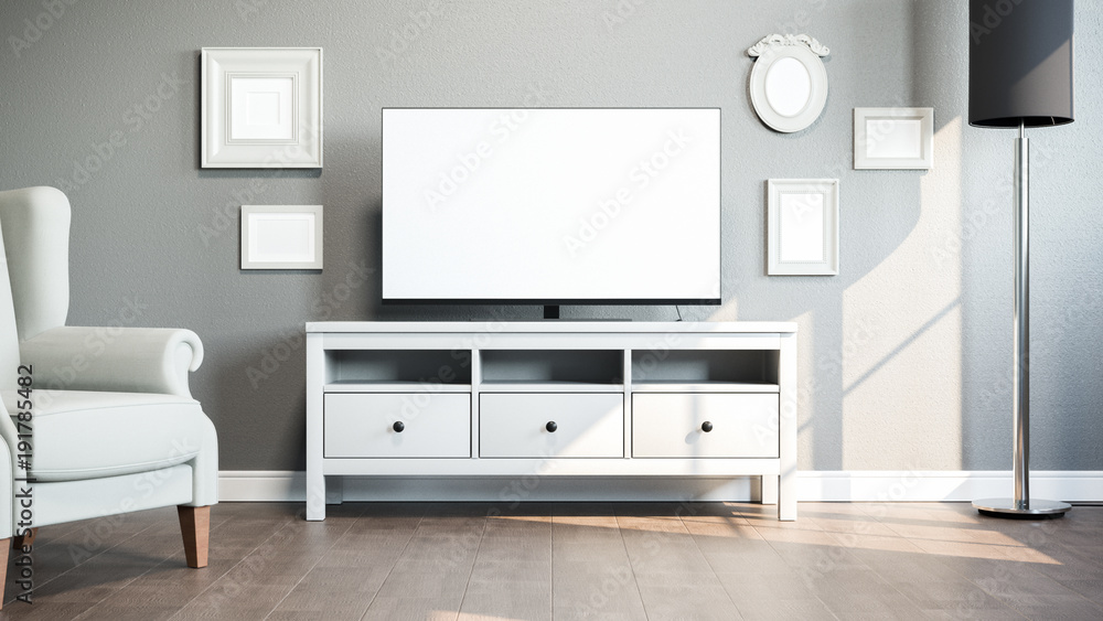 TV on stand in bright room. 3D illustration. TV on stand in bright room. 3D illustration.