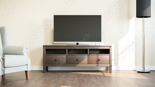 TV on stand in bright room. 3D illustration.