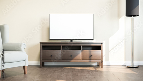 TV on stand in bright room. 3D illustration.