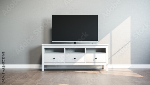 TV on stand in bright room. 3D illustration.