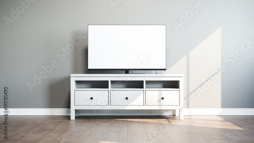 TV on stand in bright room. 3D illustration.