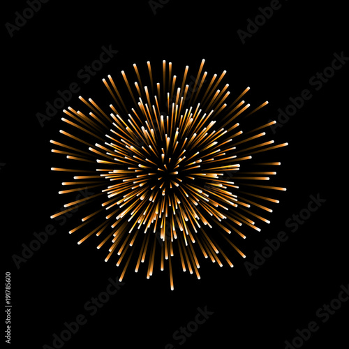 Beautiful gold firework. Couple romantic golden salute isolated on black background. Decoration firework for Christmas, New Year, Valentine Day celebration, holiday. Vector illustration