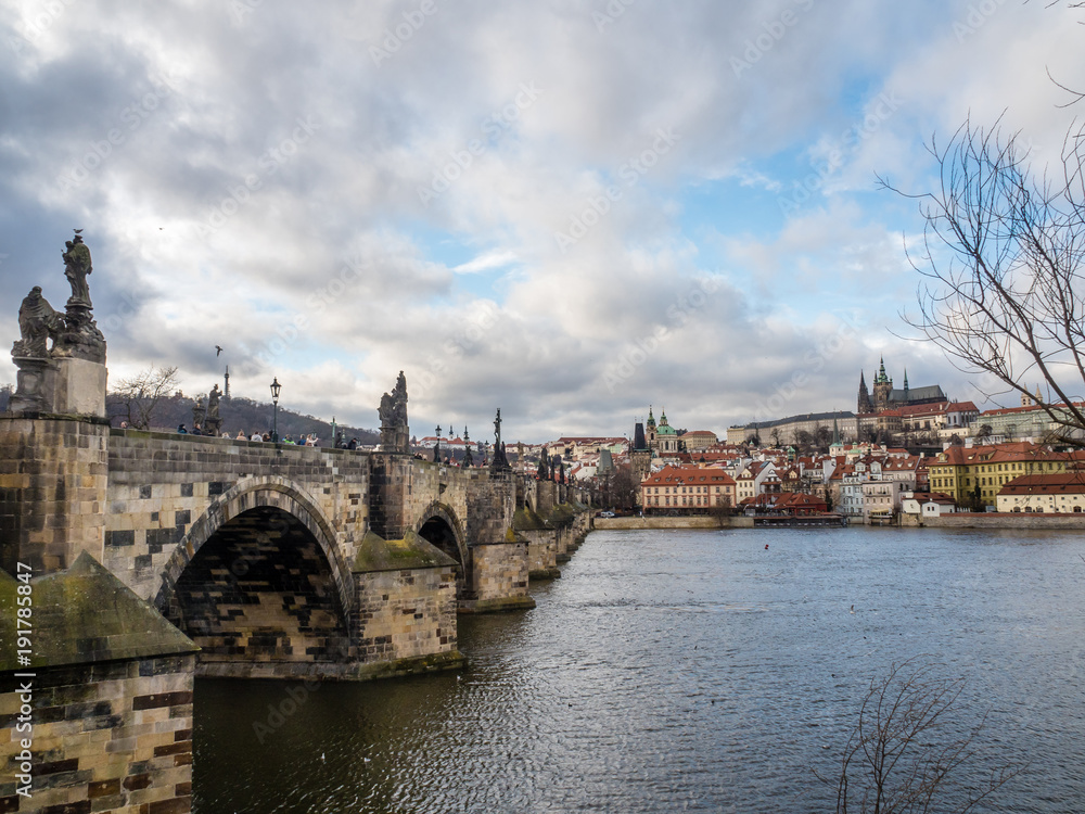 View of Charles Bridge, Prague Castle with Saint Vitus Cathedral.