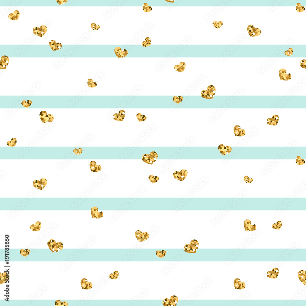 Gold heart seamless pattern. Blue-white geometric stripes, golden confetti-hearts. Symbol of love, Valentine day holiday. Design wallpaper, background, fabric texture. Vector illustration Gold heart seamless pattern. Blue-white geometric stripes, golden confetti-hearts. Symbol of love, Valentine day holiday. Design wallpaper, background, fabric texture. Vector illustration