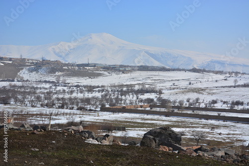 Winter landscape with Hatis (Shamiram) Mountain on background photo