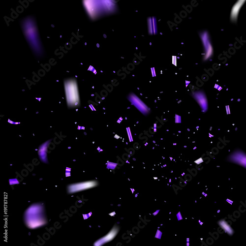 Purple confetti explosion celebration isolated on black background. Falling confetti. Abstract decoration party, birthday celebrate or Christmas, New Year confetti decor. Vector illustration