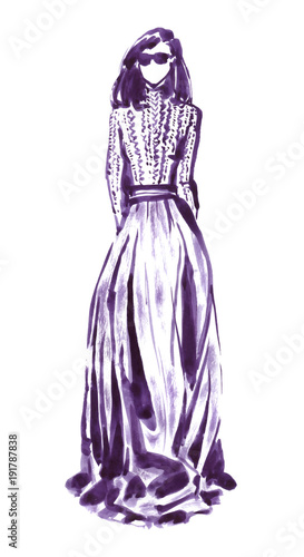 Vector watercolor fashion model silhouette for beauty illustration. Vector illustration of fashion model with purse in purple.