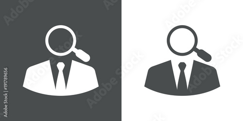 Icono plano hombre de negocios con lupa en gris y blanco