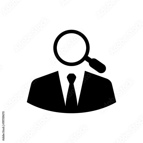 Icono plano hombre de negocios con lupa en color negro