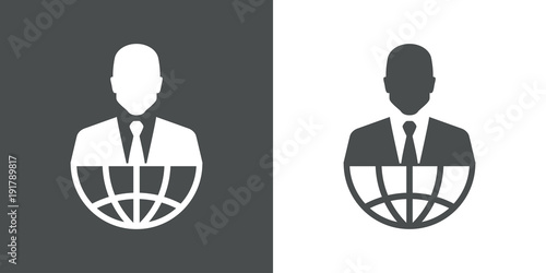 Icono plano abstracto hombre de negocios sobre globo terráqueo en gris y blanco