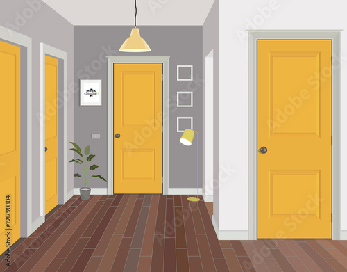 Illustration of a room with yellow doors. Interior of the room with furniture. Illustration hallway.