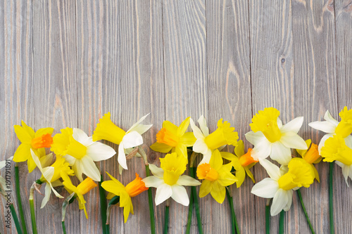 Fototapeta Naklejka Na Ścianę i Meble -  Daffodils flowers on wooden background 