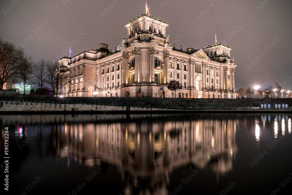 Reichstag building in Berlin reflecting in river Spree