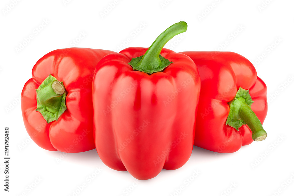 three red sweet pepper, paprika, clipping path, isolated on white background, full depth of field