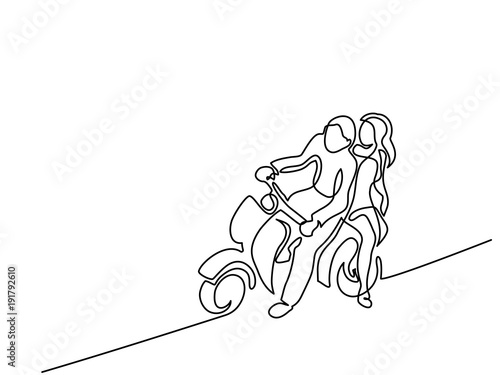 Continuous line drawing. Happy couple driving on scooter. Vector illustration