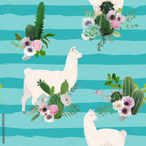 Llama and Cactus Seamless Pattern. Lamas Wildlife Nature Background for Fabric, Wallpaper, Wrapping Paper, Decoration. Vector illustration