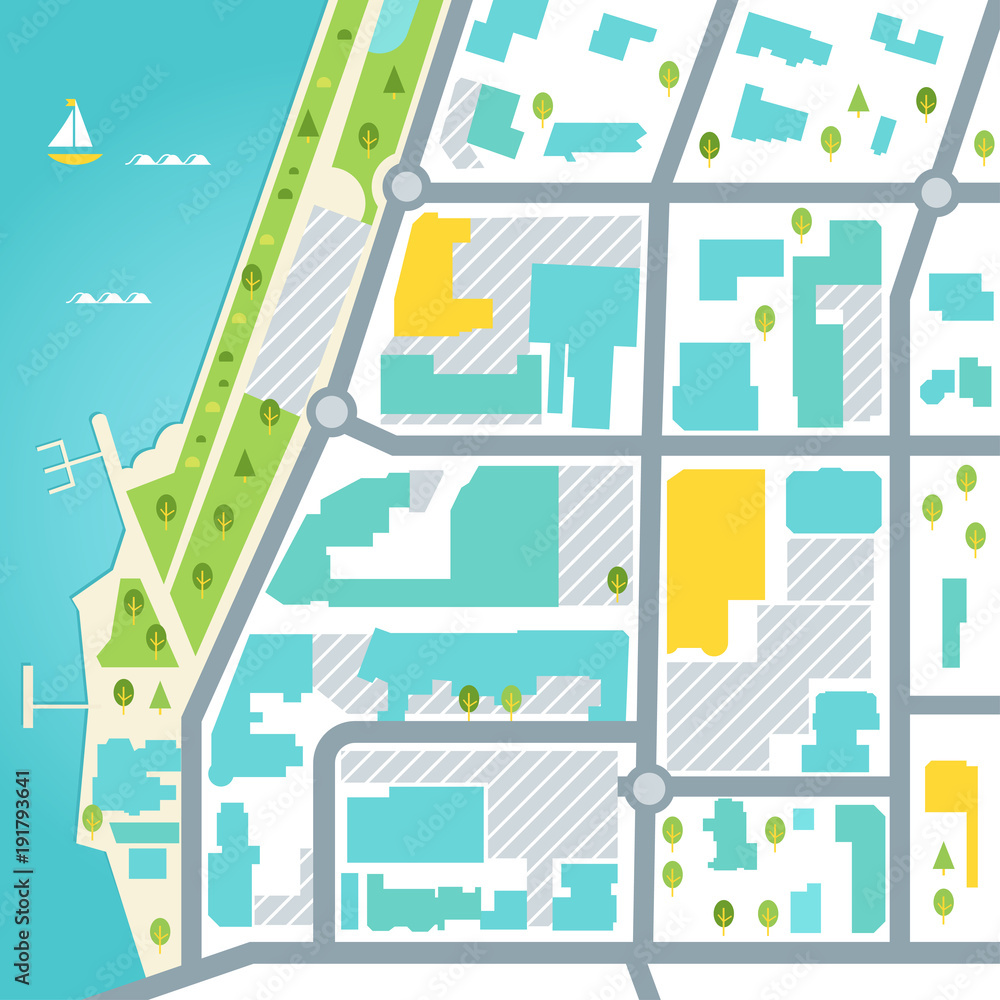 Abstarct Map of Coastal Town Area. Vector Design