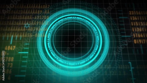 Futuristic Hud Round Circle Rotation Target with Computer Random Text Data. Good for tech title and background, news headline business intro screensaver.