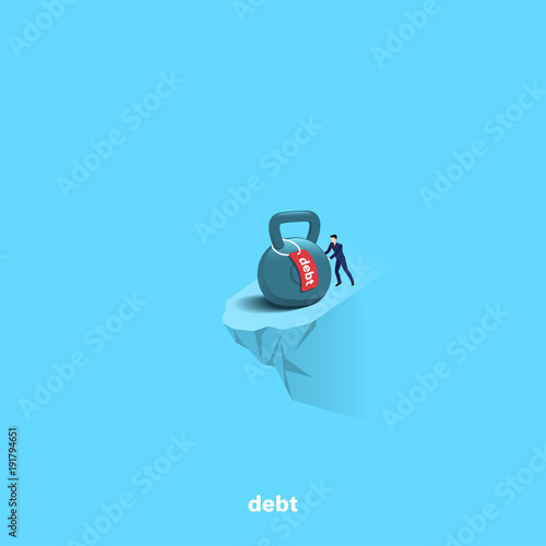 a man in a business suit trying to push a huge weight off a cliff, isometric image