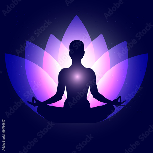 Human body in yoga lotus asana on neon purple lotus petals and dark blue space with stars background. Vector illustration eps10