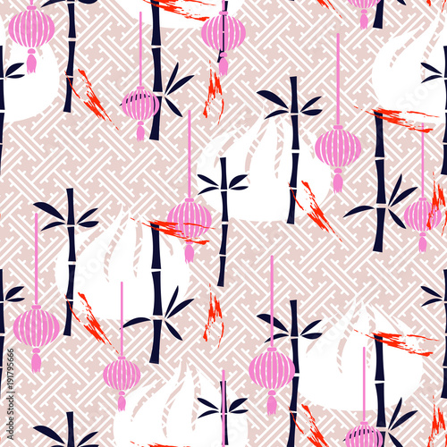 Dim sum and bamboo pink seamless vector traditional pattern. Asian food background. © YoPixArt