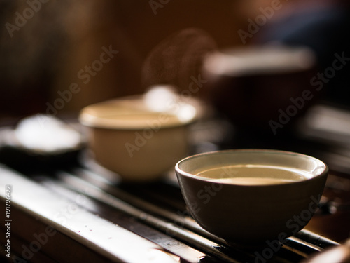 Exquisite Green Tea in Vial at Traditional Chinese Tea Ceremony. Set of Equipment