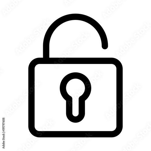Unloked padlock icon. Symbol of security and secret. Outline modern design element. Simple black flat vector sign with rounded corners.