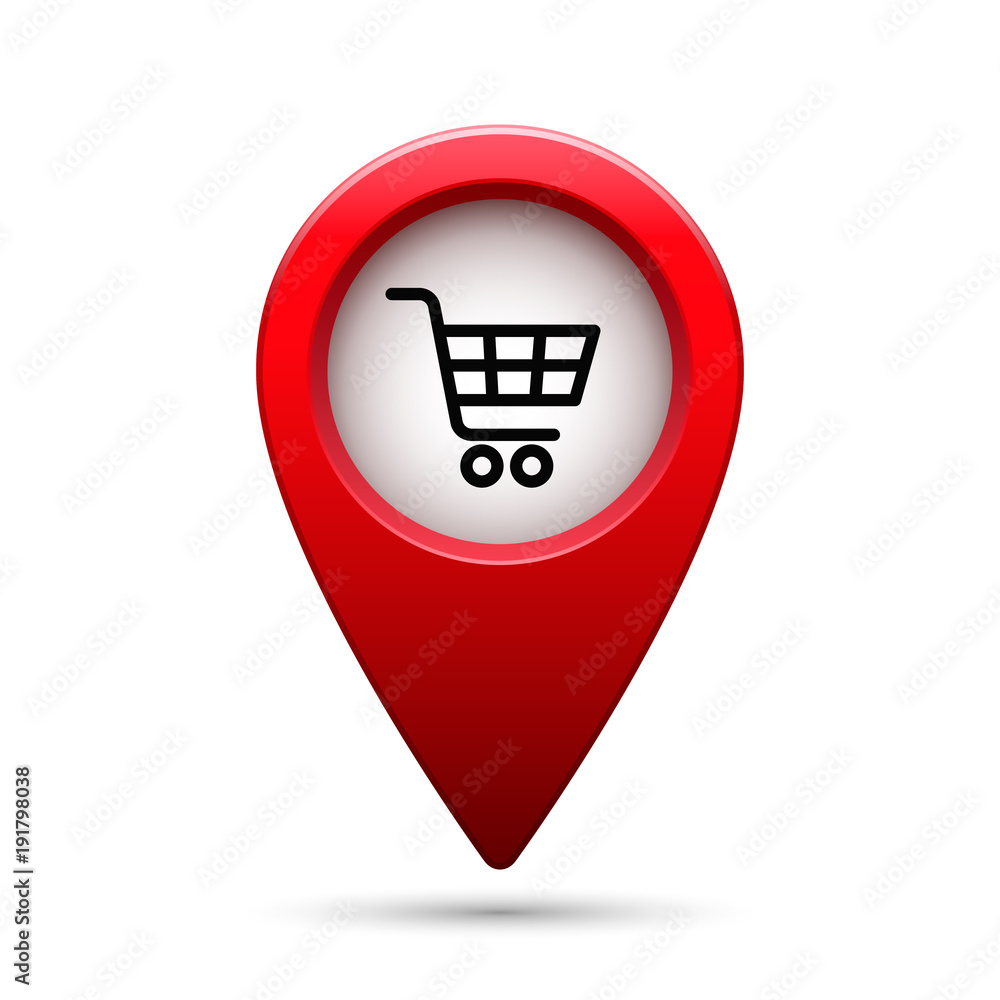 Map pointer with shopping cart icon. Vector isolated illustration Map pointer with shopping cart icon. Vector isolated illustration