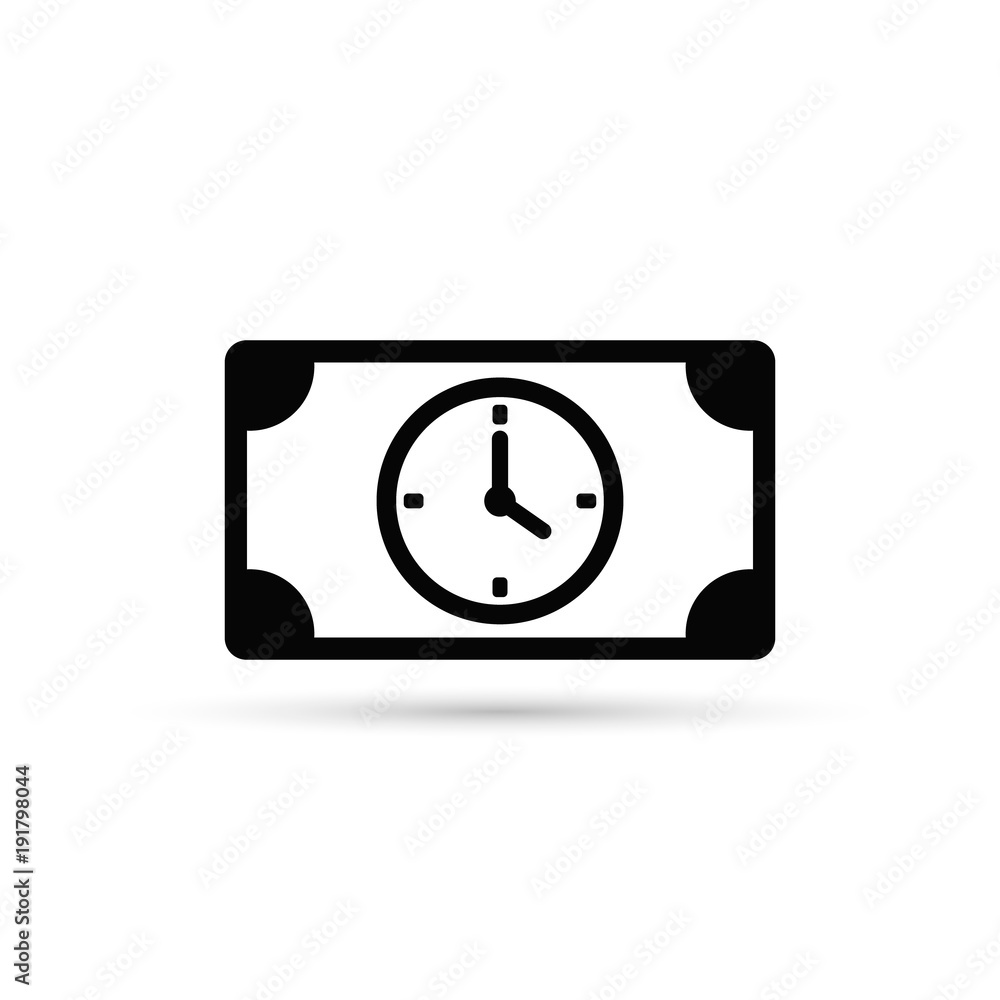 Clock and banknote symbol isolated on white background. Time is money business concept Clock and banknote symbol isolated on white background. Time is money business concept