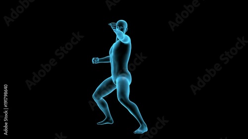 Fighter practicing martial arts, human male figure performing karate kata on black background, 3D animation