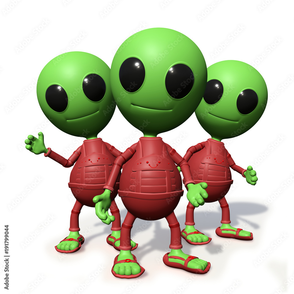 group of cute little alien cartoon character watching, visitors form outer  space (3d illustration, isolated on white background) Stock Illustration |  Adobe Stock