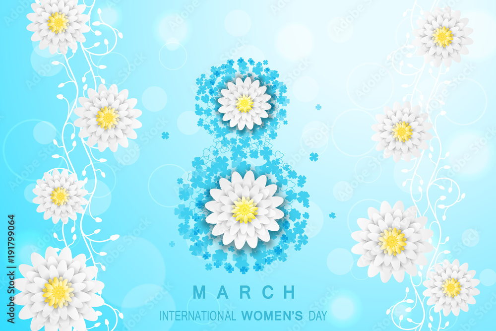 8 of March - International Women's Day vector wide poster on the gradient sunny blue background with floral pattern and white flowers.