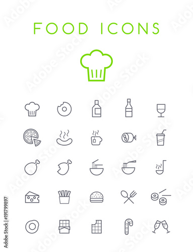 Set of Quality Isolated Universal Standard Minimal Simple Black Thin Line Food and Drink Icons on White Background
