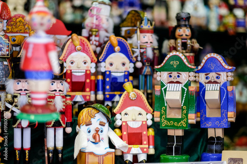 Colorful nutcrackers at a traditional Christmas market in Moscow, Russia