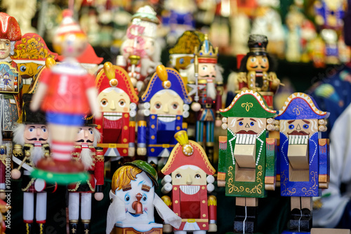 Colorful nutcrackers at a traditional Christmas market in Moscow  Russia