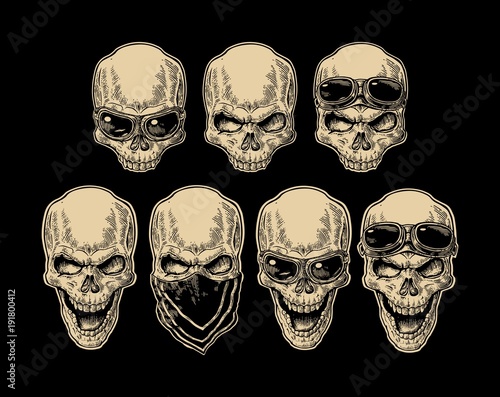 Skull smiling with bandana and glasses for motorcycle.