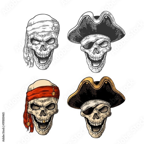 Skull in pirate with clothes eye patch, captainhat, bandana. Vintage engraving