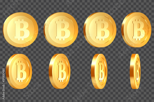 Set of 3d realistic golden metallic bitcoins, with rotate 10-80 degrees, isolated on transparent background. Vector illustration.