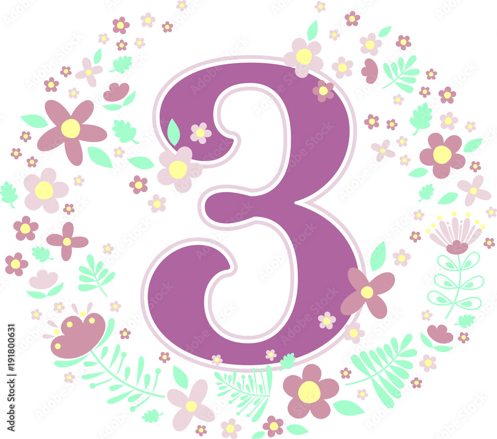 custom made wallpaper toronto digitalnumber 3 with decorative flowers and design elements isolated on white background. can be used for baby girl birth,age,birthday, nursery decoration, spring themes or anniversary invitation