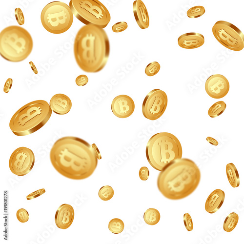 3d realistic falling golden metallic bitcoins, cryptocurrency sign. Isolated on white background. Vector illustration.