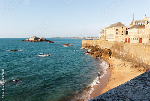 High tide at Saint Malo old city wall