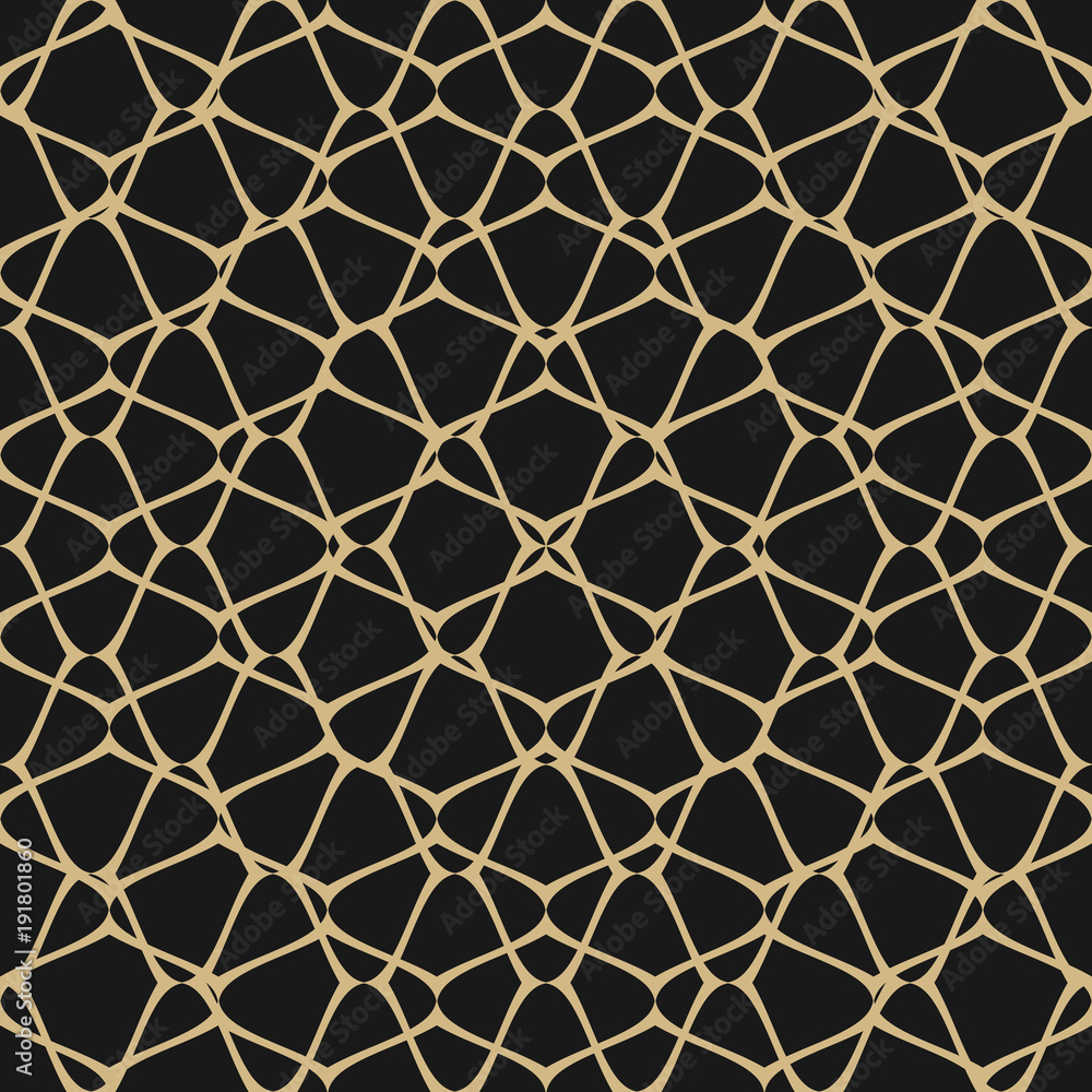 Vector mesh seamless pattern. Black and gold background. Net, grid, lattice