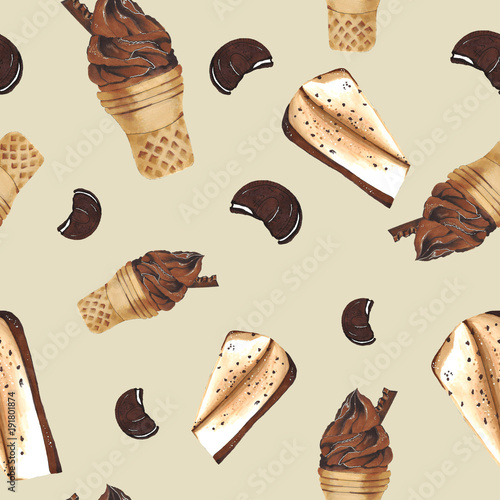 Seamless colorful ice cream pattern, cheesecake, cream, cookies. Food.