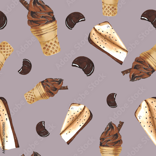 Seamless colorful ice cream pattern, cheesecake, cream, cookies. Food.