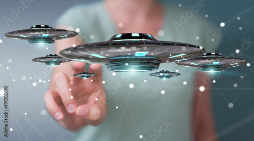 Fototapeta Naklejka Na Ścianę i Meble -  Businesswoman with retro UFO spaceship 3D rendering